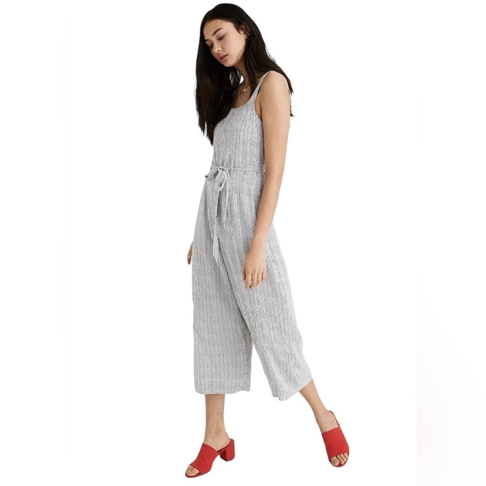 American Eagle Black White Easy Stripe Jumpsuit Linen Blend Sz Medium